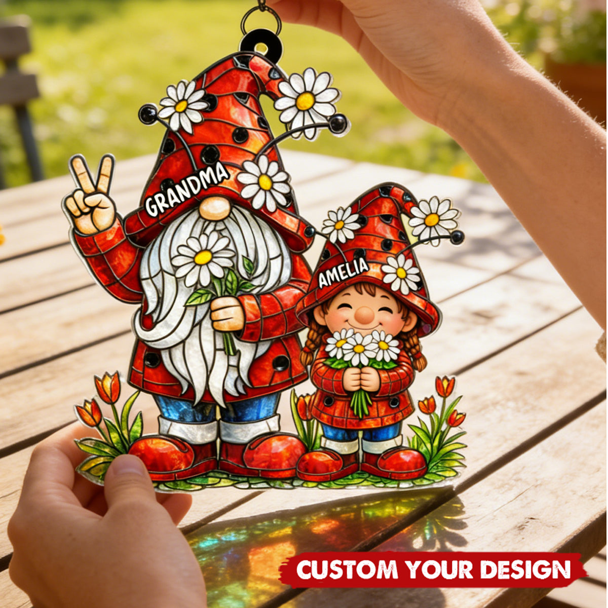 Grandma Grandkids Daisy Flowers - Personalized Window Hanging Suncatcher Ornament - Gift For Grandma