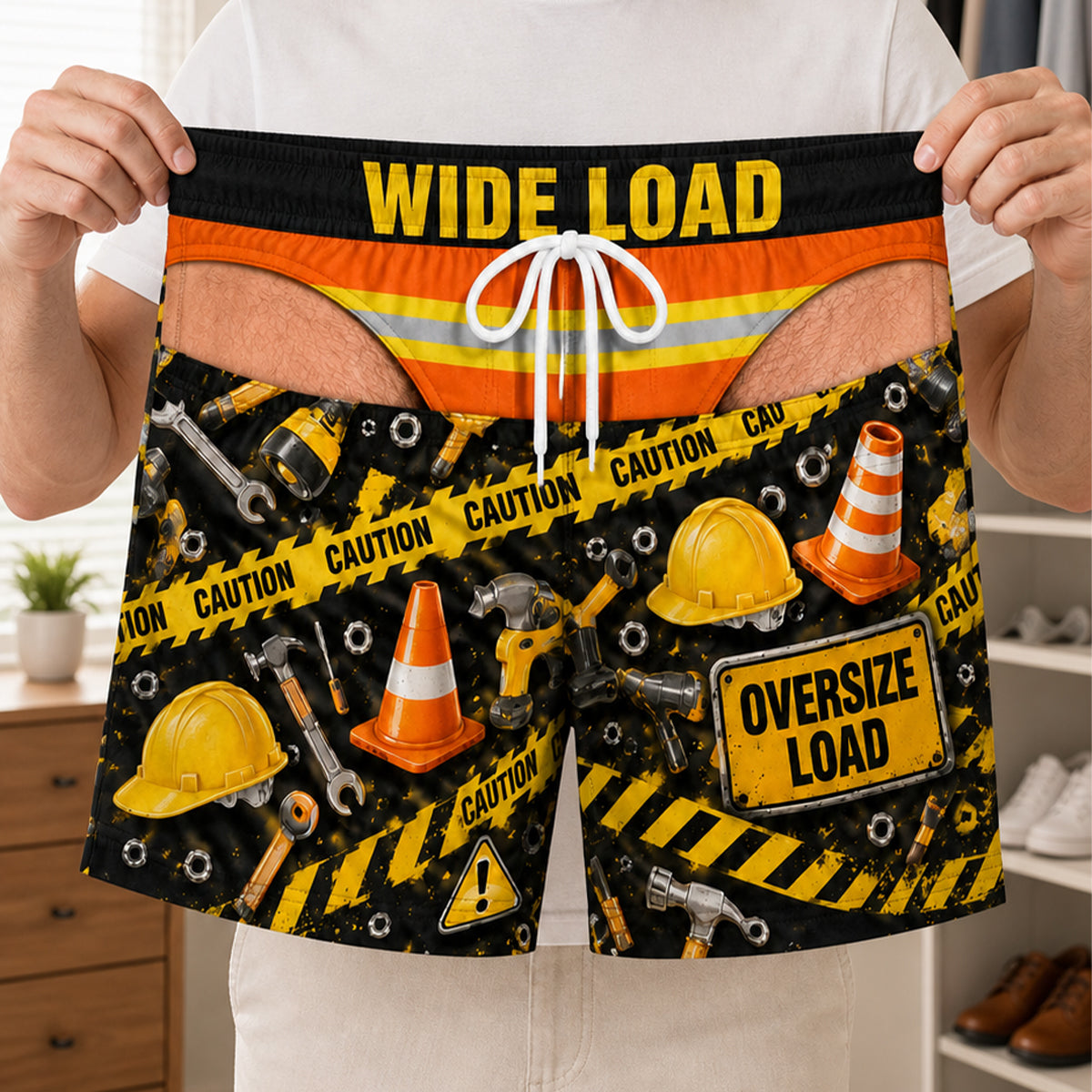 Custom Construction Beach Shorts, Summer Beach Outfit Fun Gift