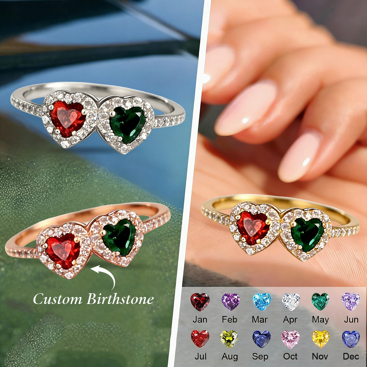 Personalized Heart Birthstone Ring, Dainty Two Stone Ring, Mother's Ring
