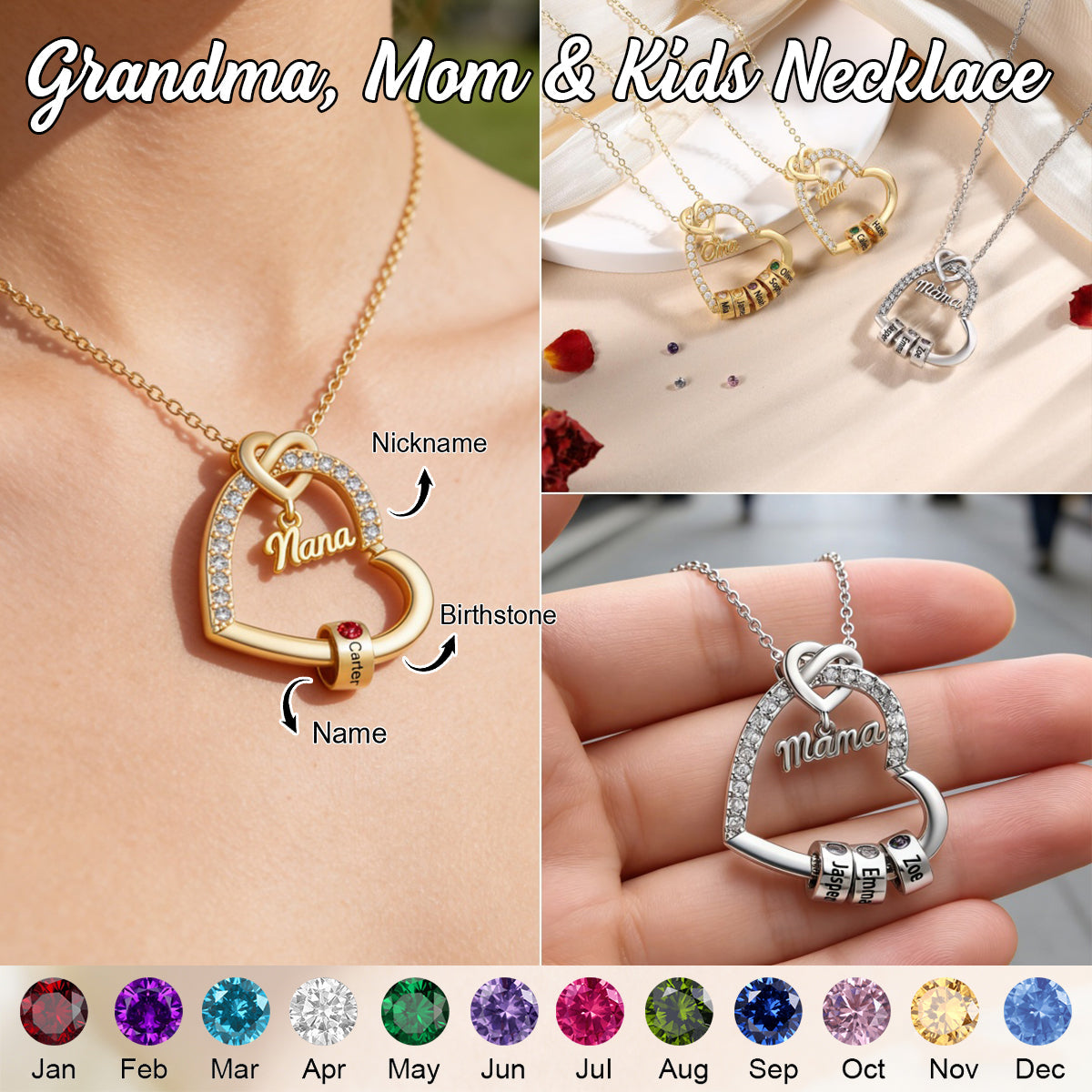 Personalized Kids Birthstone Name Heart Necklace - Gift For Mom Grandma