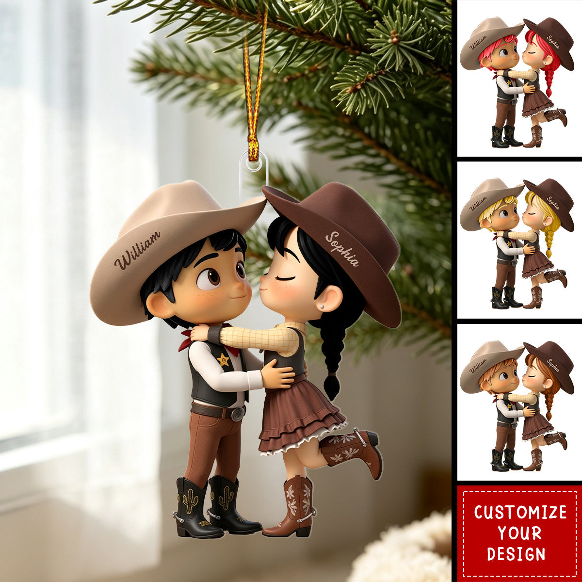Personalized Cowboy/Cowgirl Couple Christmas Ornament, Western Country Lovers Gift