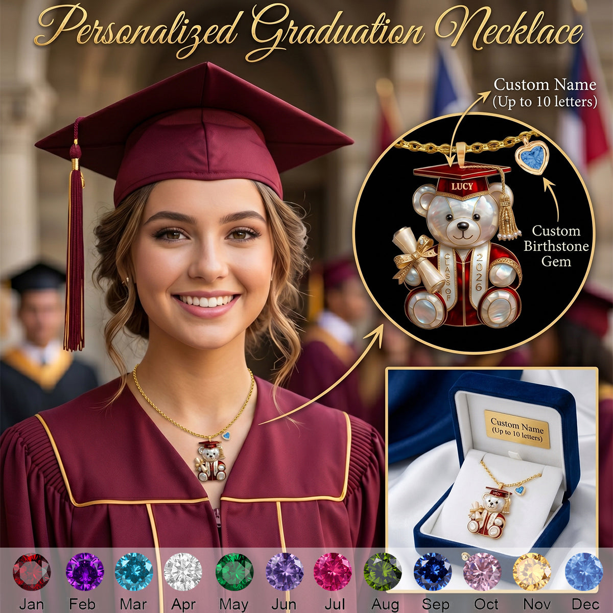Personalized Graduation Bear Birthstone Necklace - Gift For Graduate