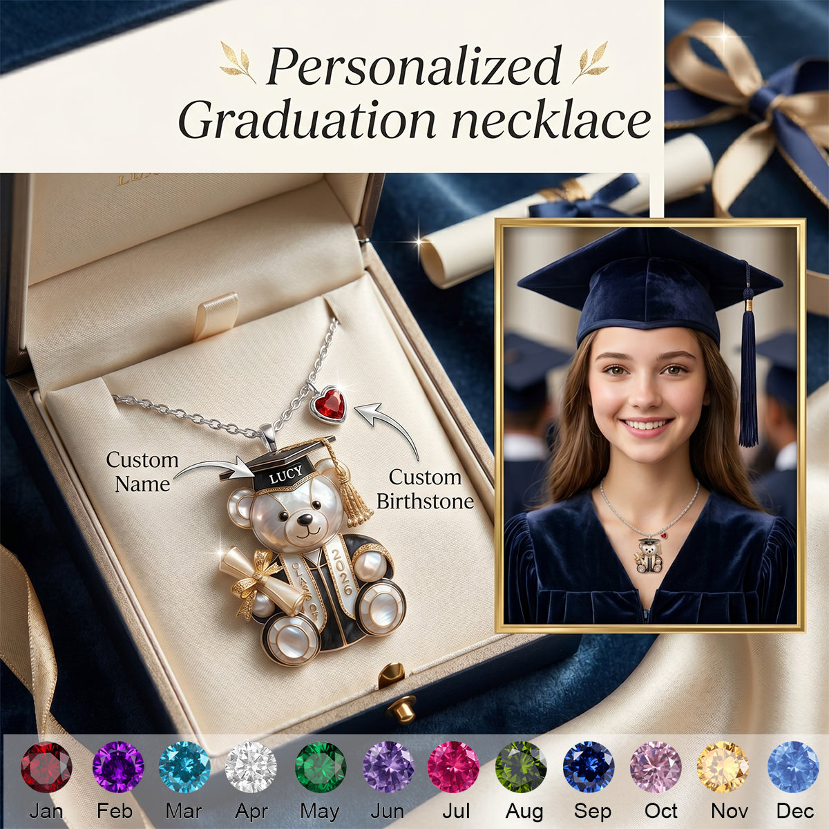 Personalized Graduation Bear Birthstone Necklace - Gift For Graduate