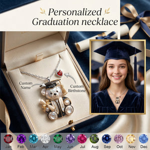 Personalized Graduation Bear Birthstone Necklace - Gift For Graduate