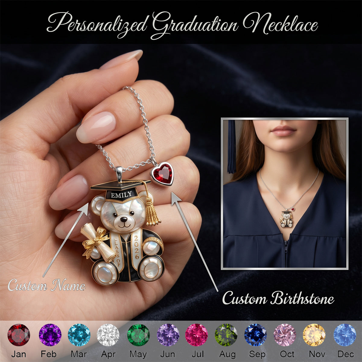 Personalized Graduation Bear Birthstone Necklace - Gift For Graduate
