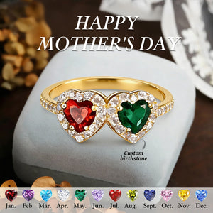 Personalized Heart Birthstone Ring, Dainty Two Stone Ring, Mother's Ring