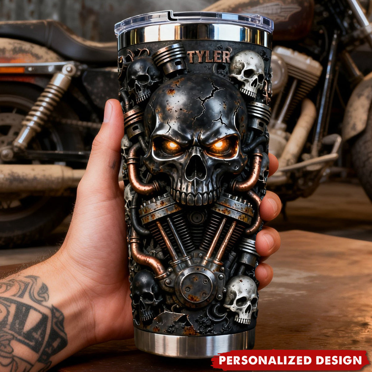 Personalized Fierce Skull Motorcycle Tumbler Gifts For Bikers