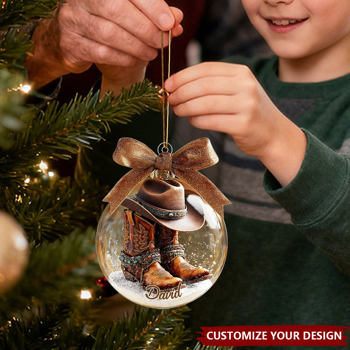 Personalized Cowboy Ornament, Custom Name Western Boots and Hat Ornament