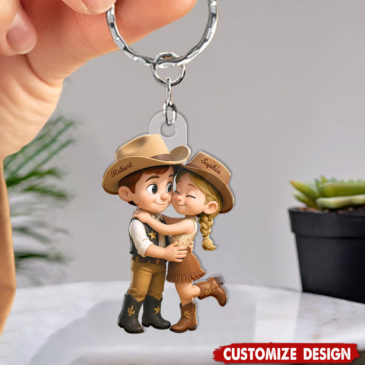 Cartoon Style Countryside Couple Cowboy Cowgirl Personalized Keychain