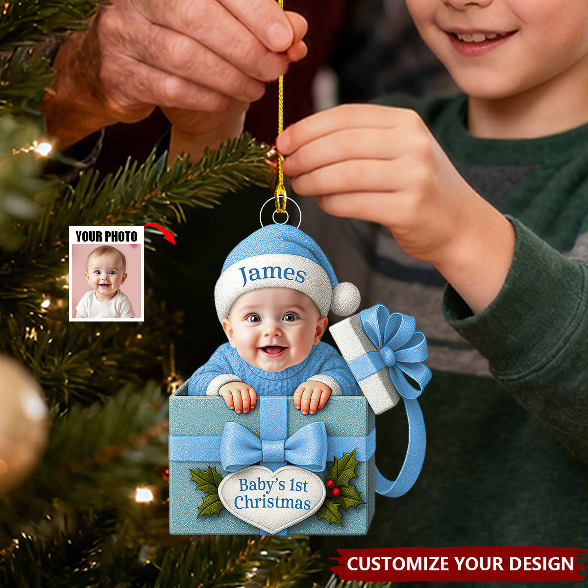 Baby Christmas Gift Box Acrylic Ornament, Personalized Baby Photo Christmas Ornament, Funny Newborn First Christmas Gift