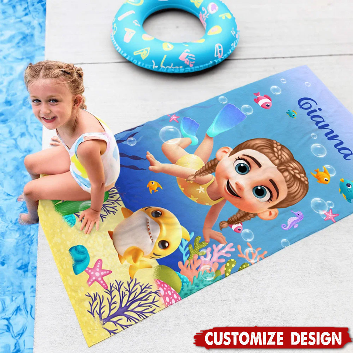 Personalized Cute Diving Kid Sea Animal Quick Dry Soft Oversized Beach Towel - Gift for Boys Girls
