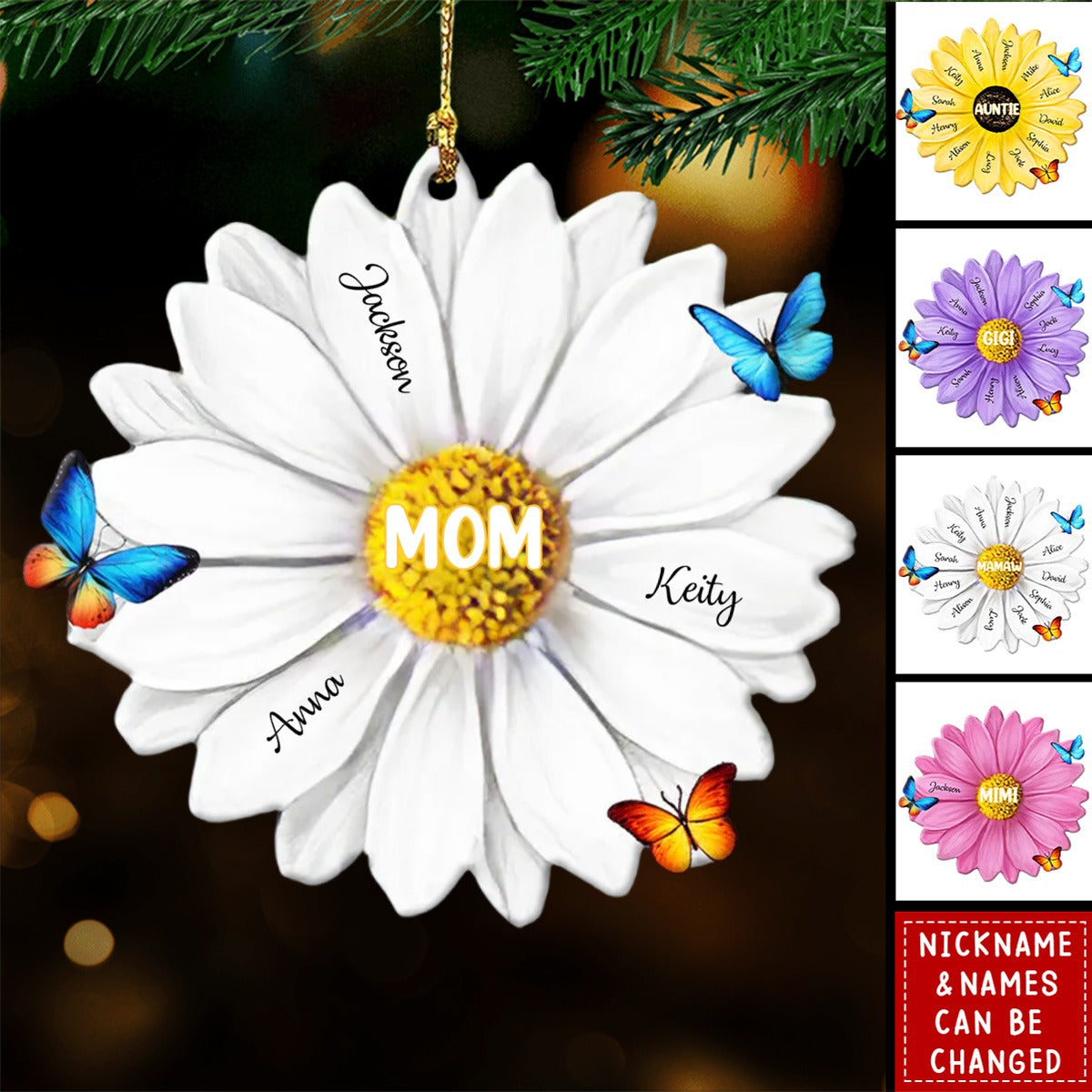 Grandma With Grandkids Flower Personalized Wood Ornament - 2024 New Release
