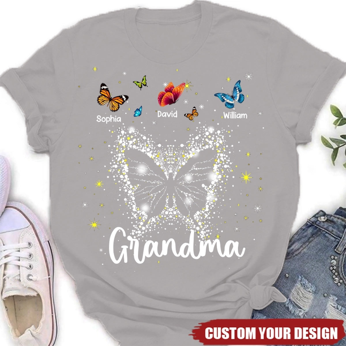 Personalized Grandma Mom Butterfly With Kids T-Shirt