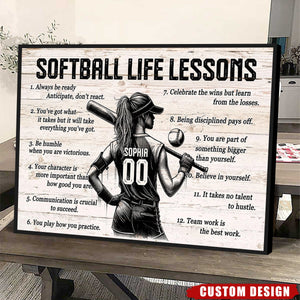 Softball Life Lessons Personalized Canvas, Custom Softball Poster Print, Motivational Softball Gift for Girls, Women, Softball Players