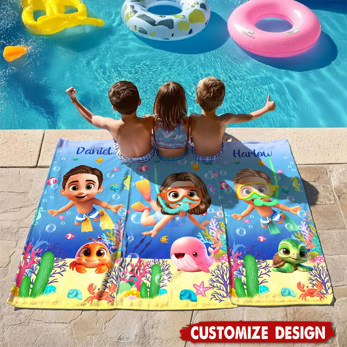 Personalized Cute Diving Kid Sea Animal Quick Dry Soft Oversized Beach Towel - Gift for Boys Girls