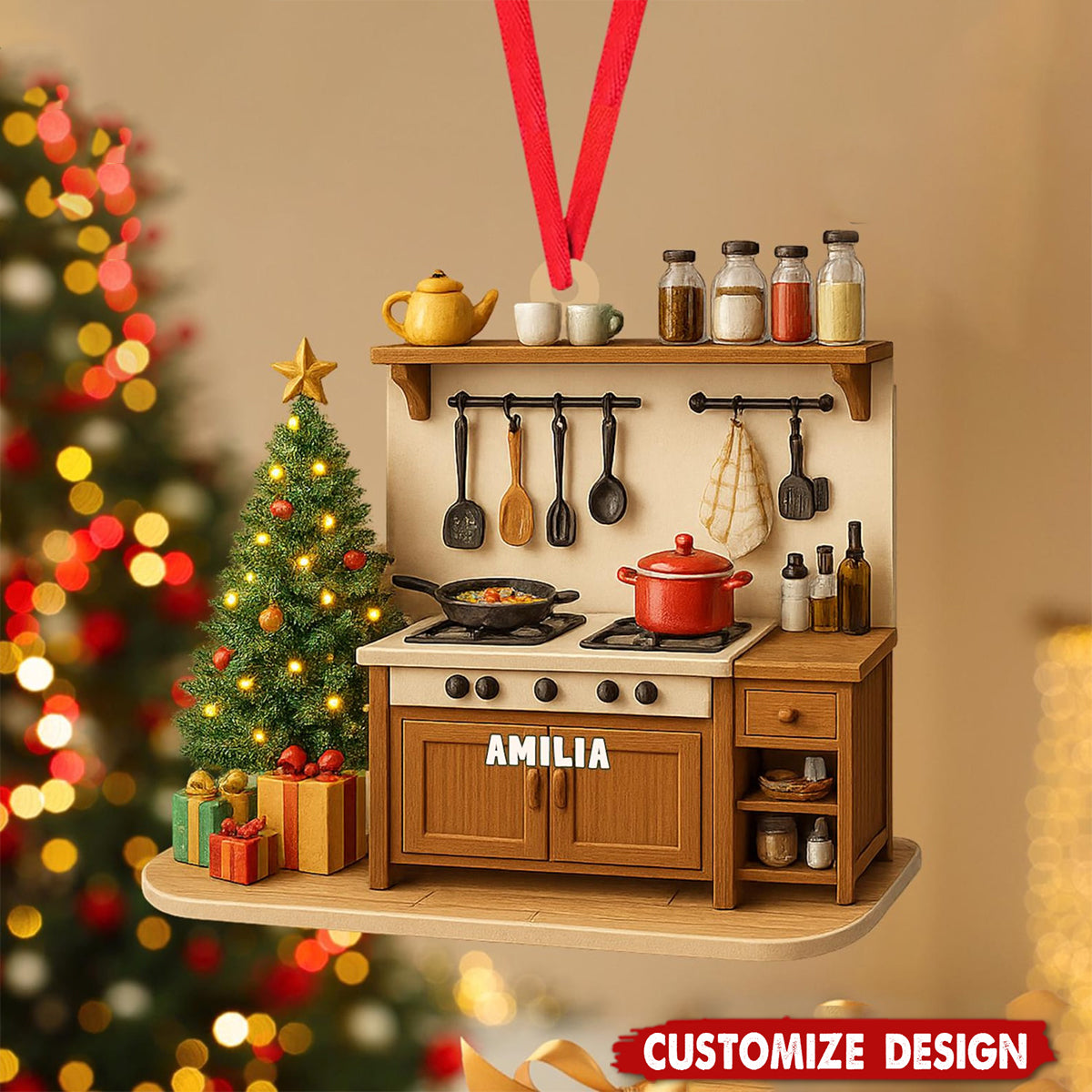 Custom Name Kitchen Ornament – 2D Flat Ornament, Cooking Stove Christmas Decoration with Pots, Utensils & Tree – Personalized Chef Gift