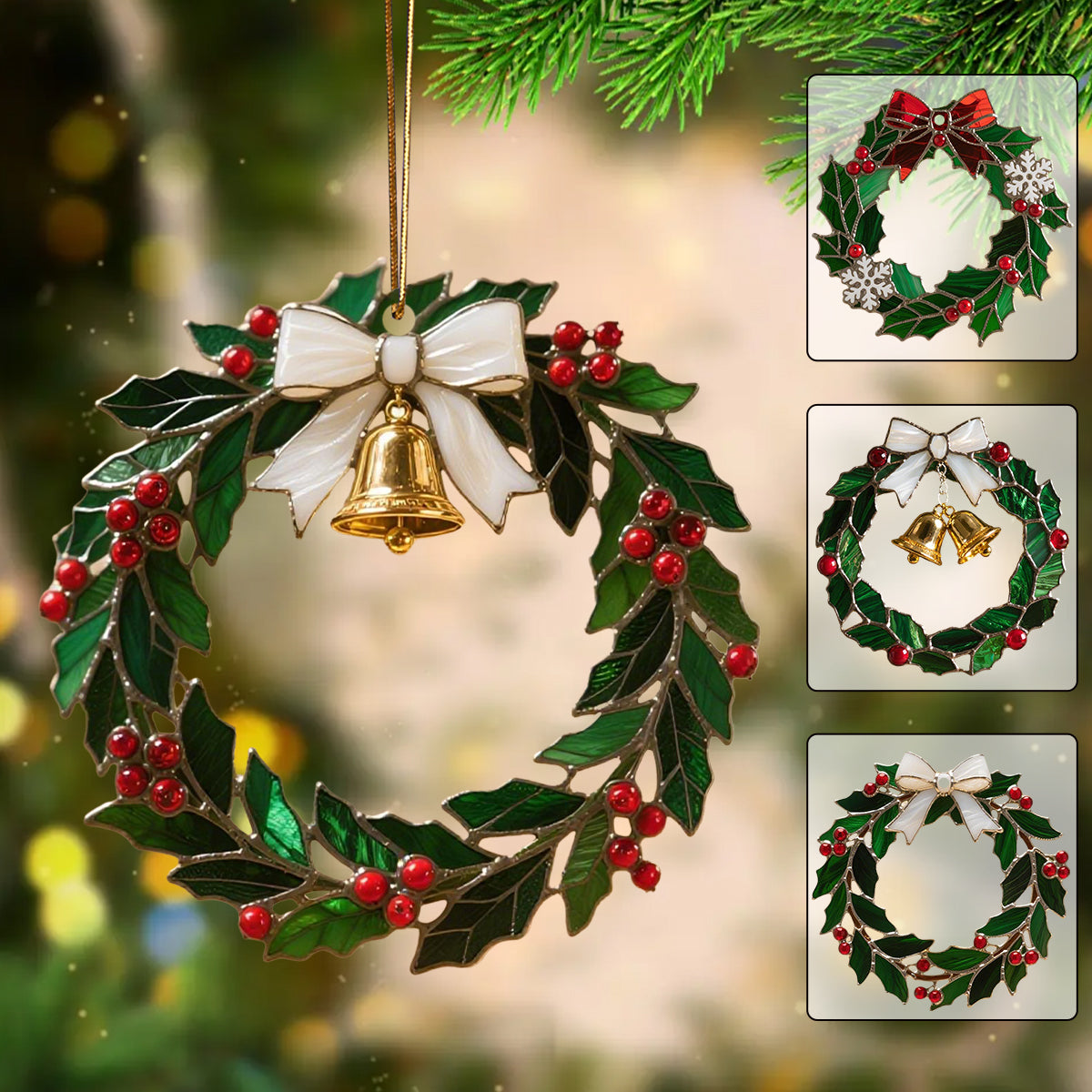 Christmas Stained Holly Wreath Ornament