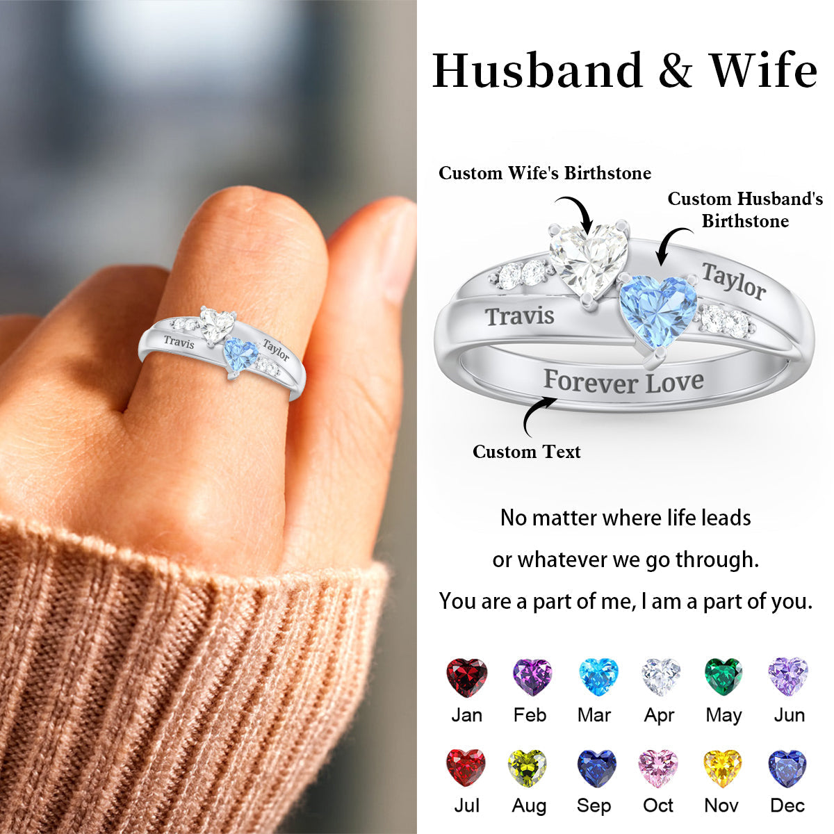 For My Love-Double Heart Couple Birthstone Ring
