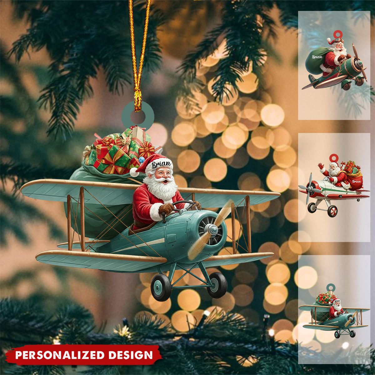 Personalized Santa Drives Airplane Christmas Ornament