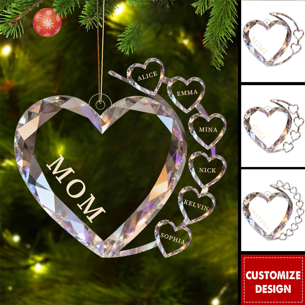 Sparkling Hearts-Personalized Family Transparent Ornament