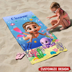 Personalized Cute Diving Kid Sea Animal Quick Dry Soft Oversized Beach Towel - Gift for Boys Girls