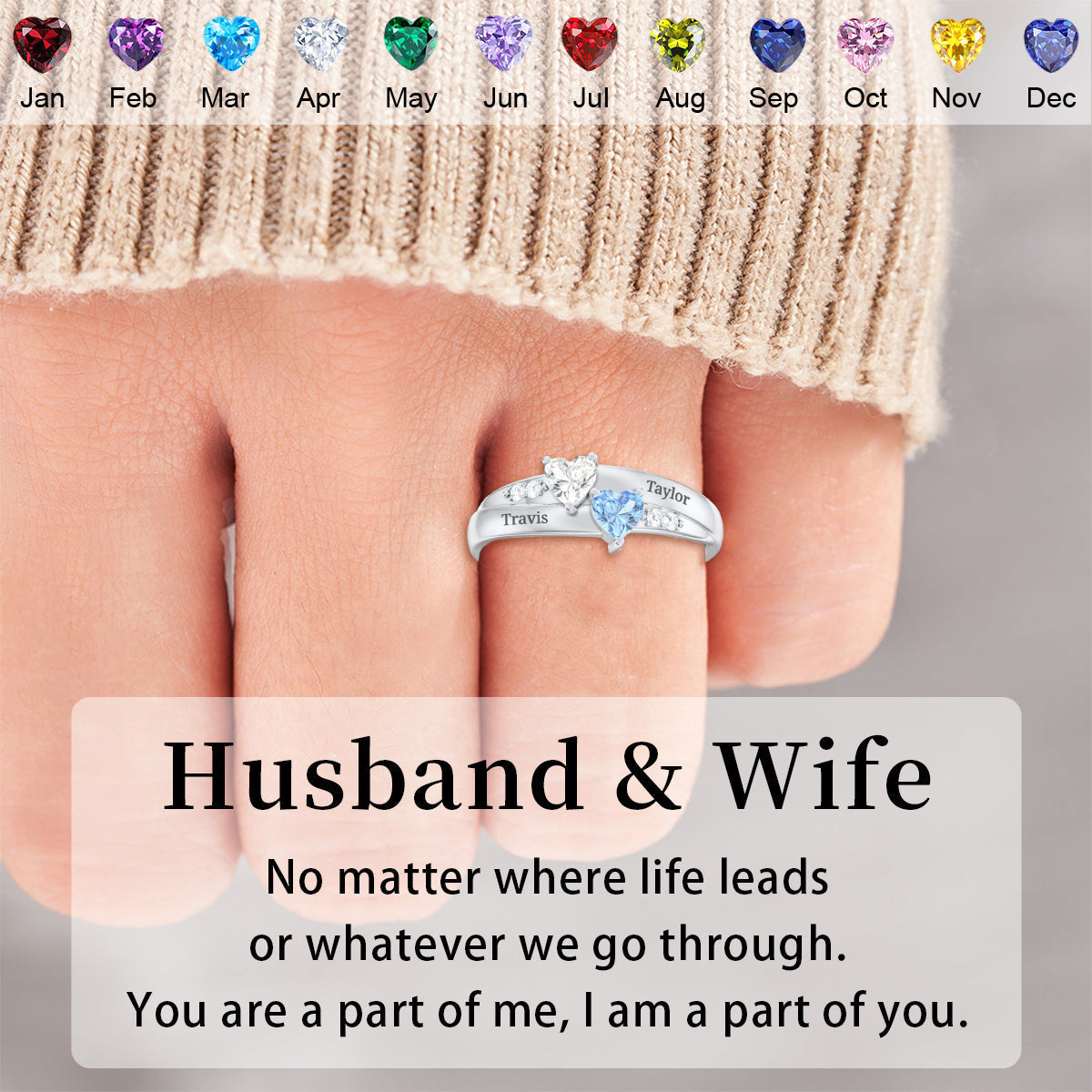 For My Love-Double Heart Couple Birthstone Ring