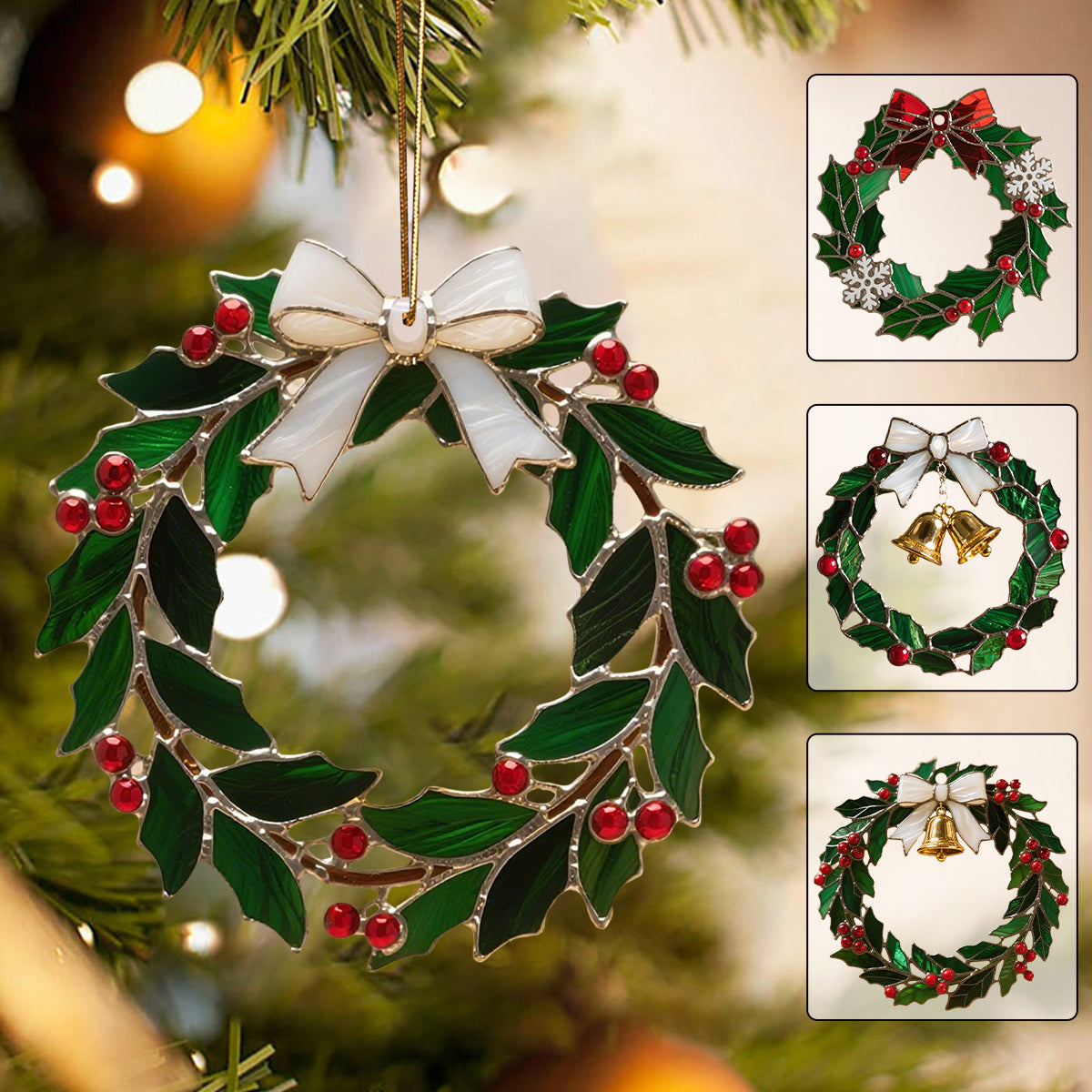 Christmas Stained Holly Wreath Ornament