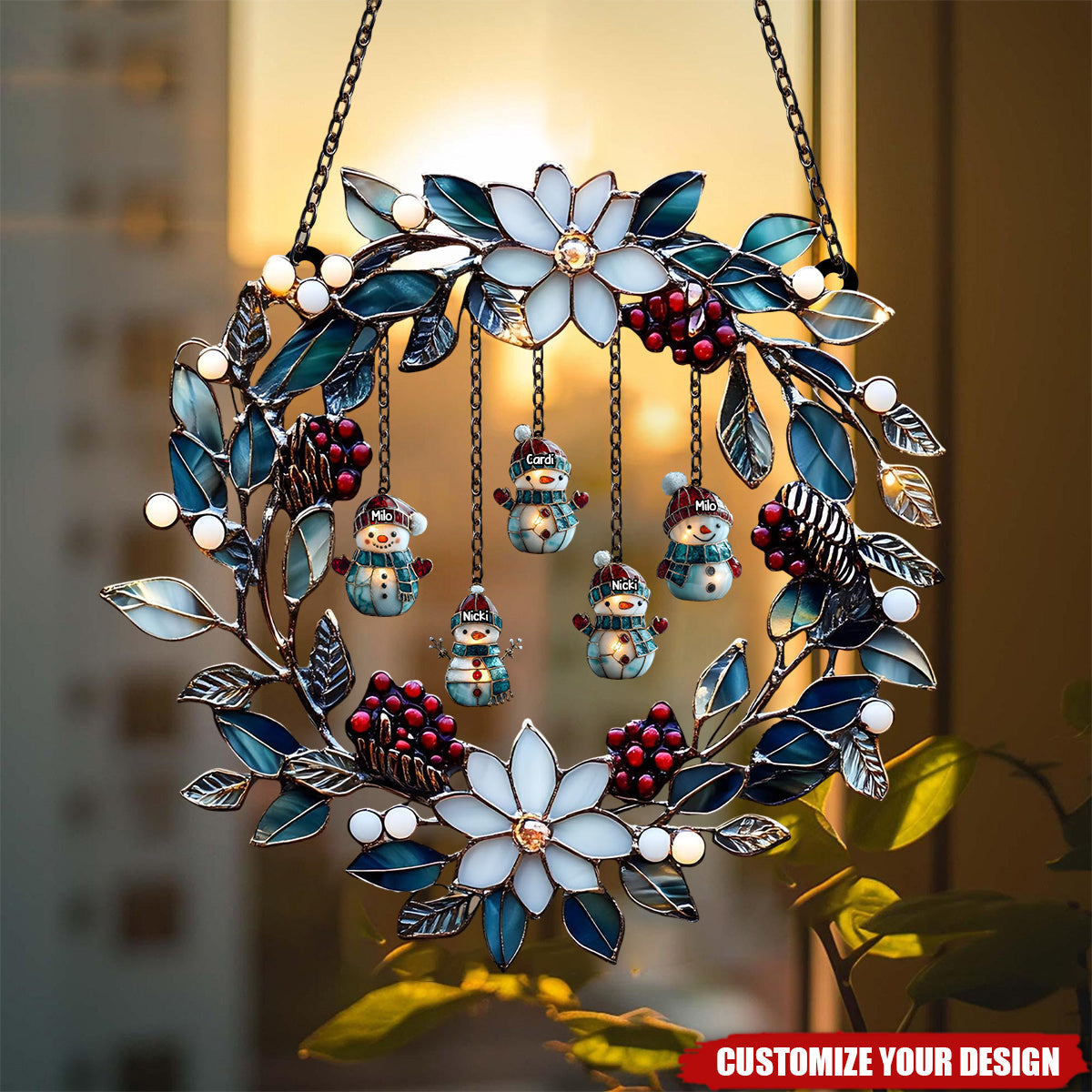 Personalized Snowman Family Wreath Suncatcher