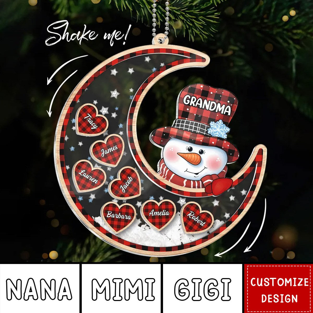 2024 New Release Grandma Snowman On Moon Personalized Shaker Ornament, Christmas Gift For Grandma & Grandchildren