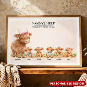 Nanny & Grandad's Herd Highland Cow Family-Personalised Poster-Gift for Grandma, Grandpa