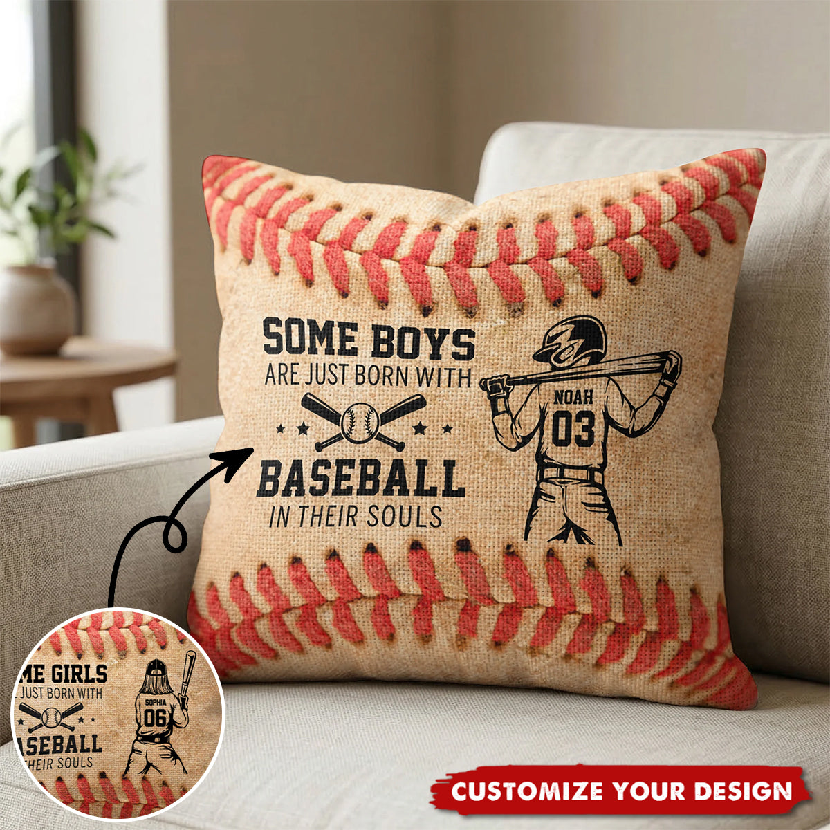 Some Boys Girls Are Just Born With Baseball In Their Souls - Personalized Pillow