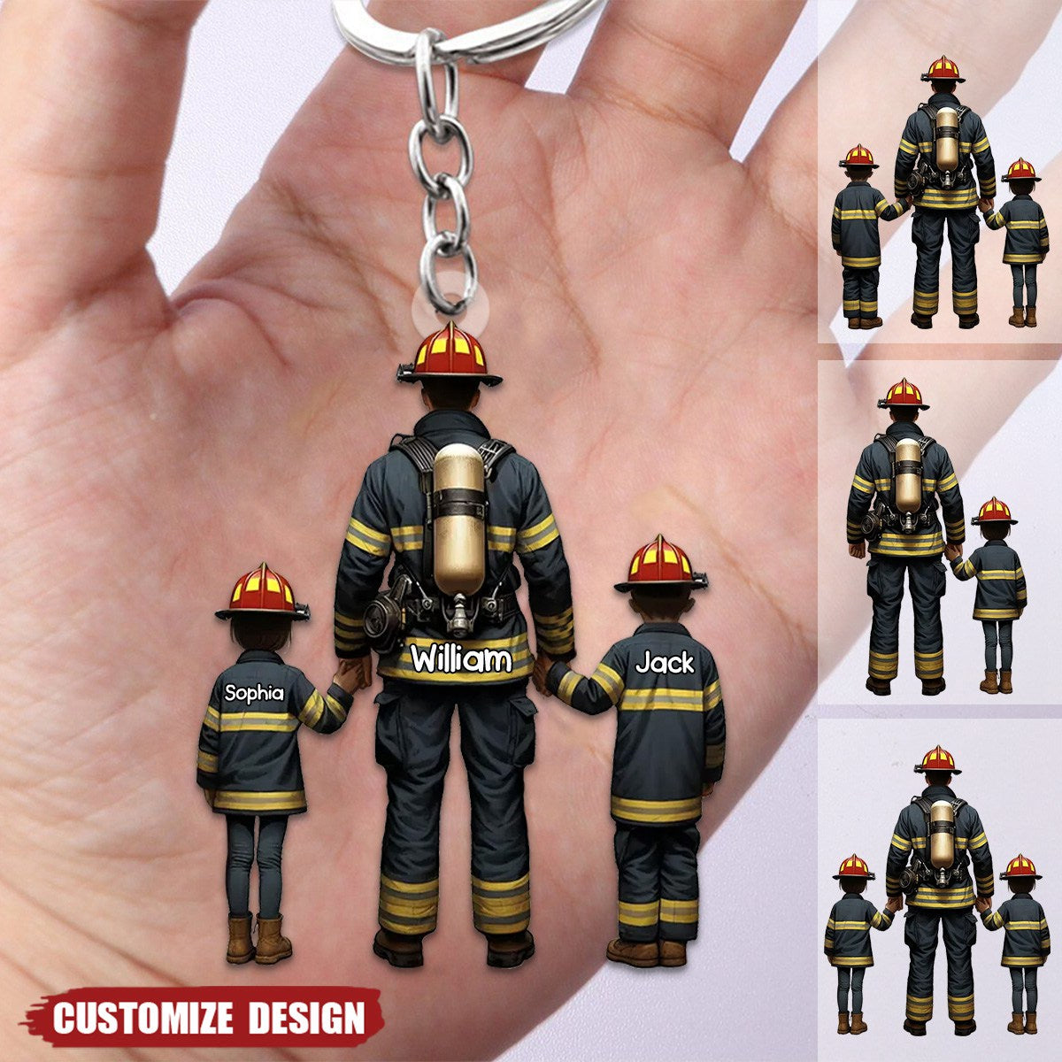 Firefighter Dad And Kids - Personalized Acrylic Keychain - facamart
