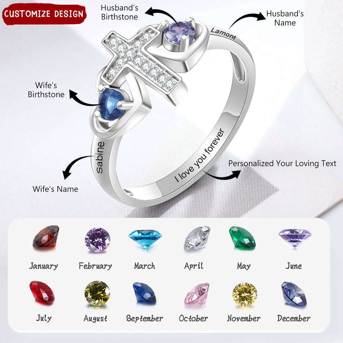 Personalized Cross Rings With 2 Birthstones - Custom Name Faith Promise Rings