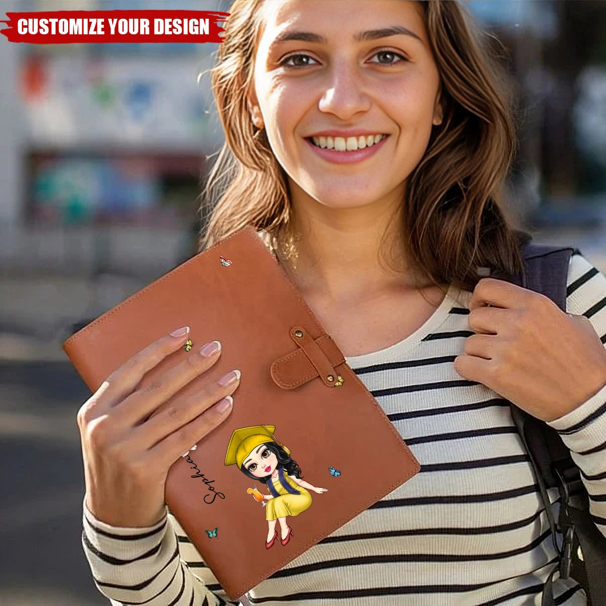 Personalized Cute Cartoon Graduate Birth Flower Leather Notebook with Name Birthday Graduation Gift for Graduates