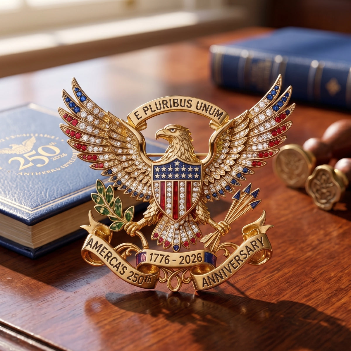 America 250th Anniversary Commemorative Pin, 1776-2026 USA Eagle Emblem, Patriotic Keepsake Gift, Collector's Gold Enamel Brooch, Historical