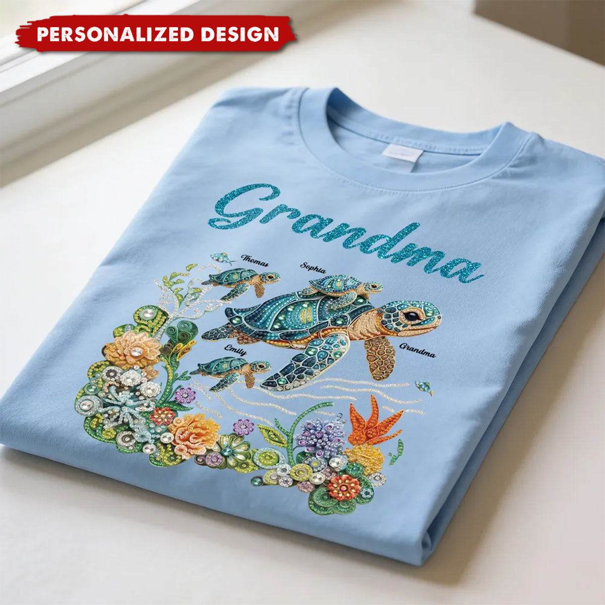 Personalized Mom Grandma Sea Turtle Rhinestones Style Shirt-Mother's Day Gift For Mom Grandma
