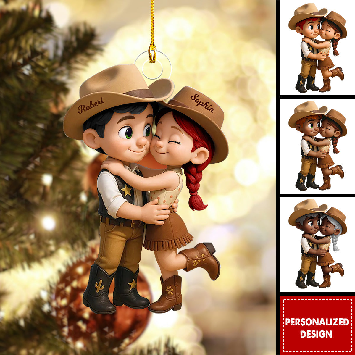 Cartoon Style Countryside Couple Cowboy Cowgirl Personalized Christmas Ornament