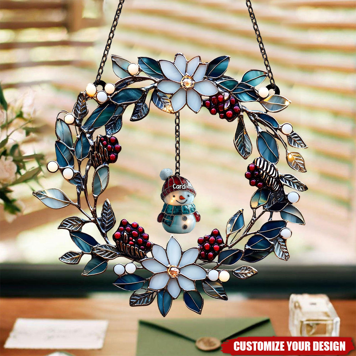 Personalized Snowman Family Wreath Suncatcher
