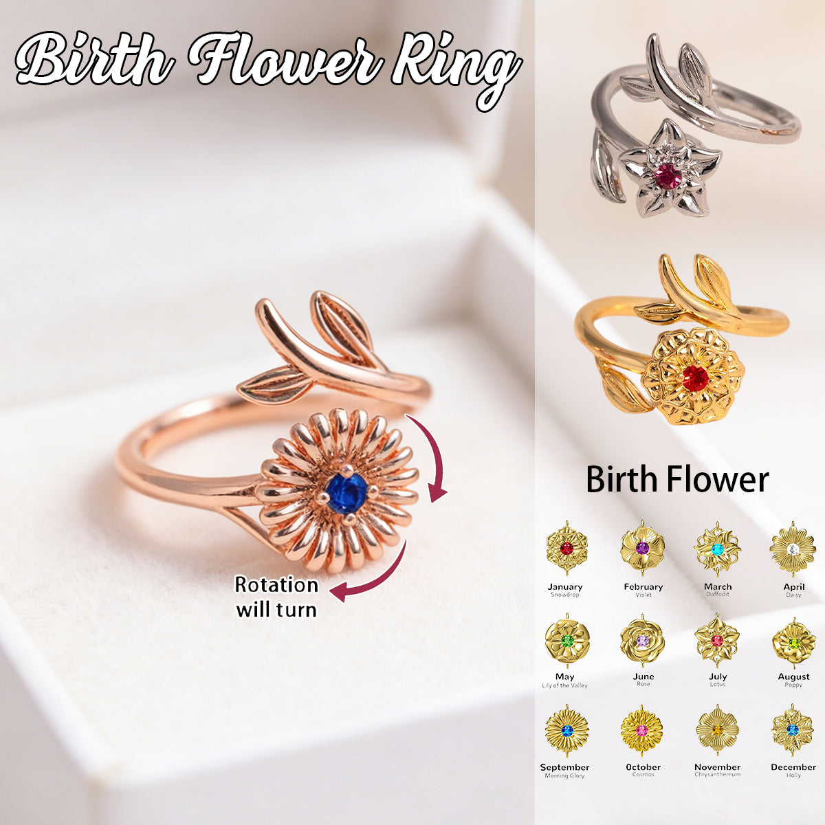Personalized Birth Flower Fidget Spinner Ring - Mother's Day Gifts
