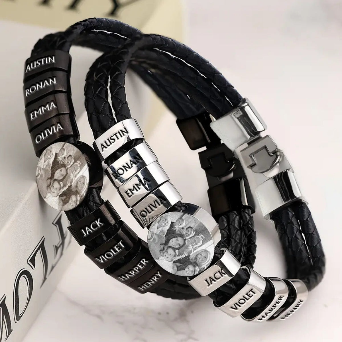 Leather Photo Men Bracelet with Name Beads - Personalized Gifts for Dad Grandpa