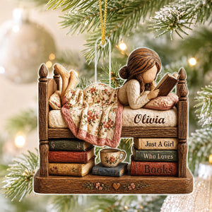 Personalized Just A Girl Who Loves Books Acrylic Ornament, Vintage Girl Reading In Bed Custom Name Gift