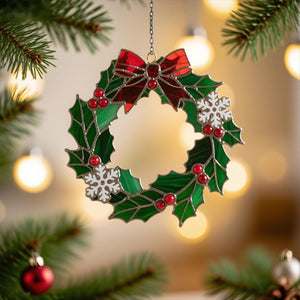Christmas Stained Holly Wreath Ornament