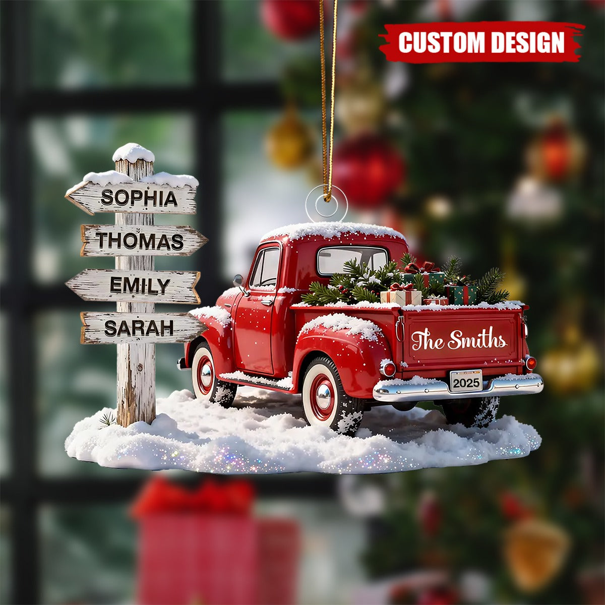 Personalized Red Truck Family Sign Posts Ornament