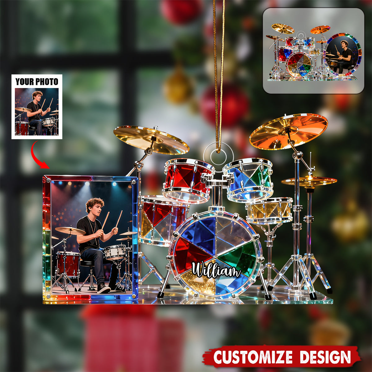 Personalized Drum set themed photo ornament