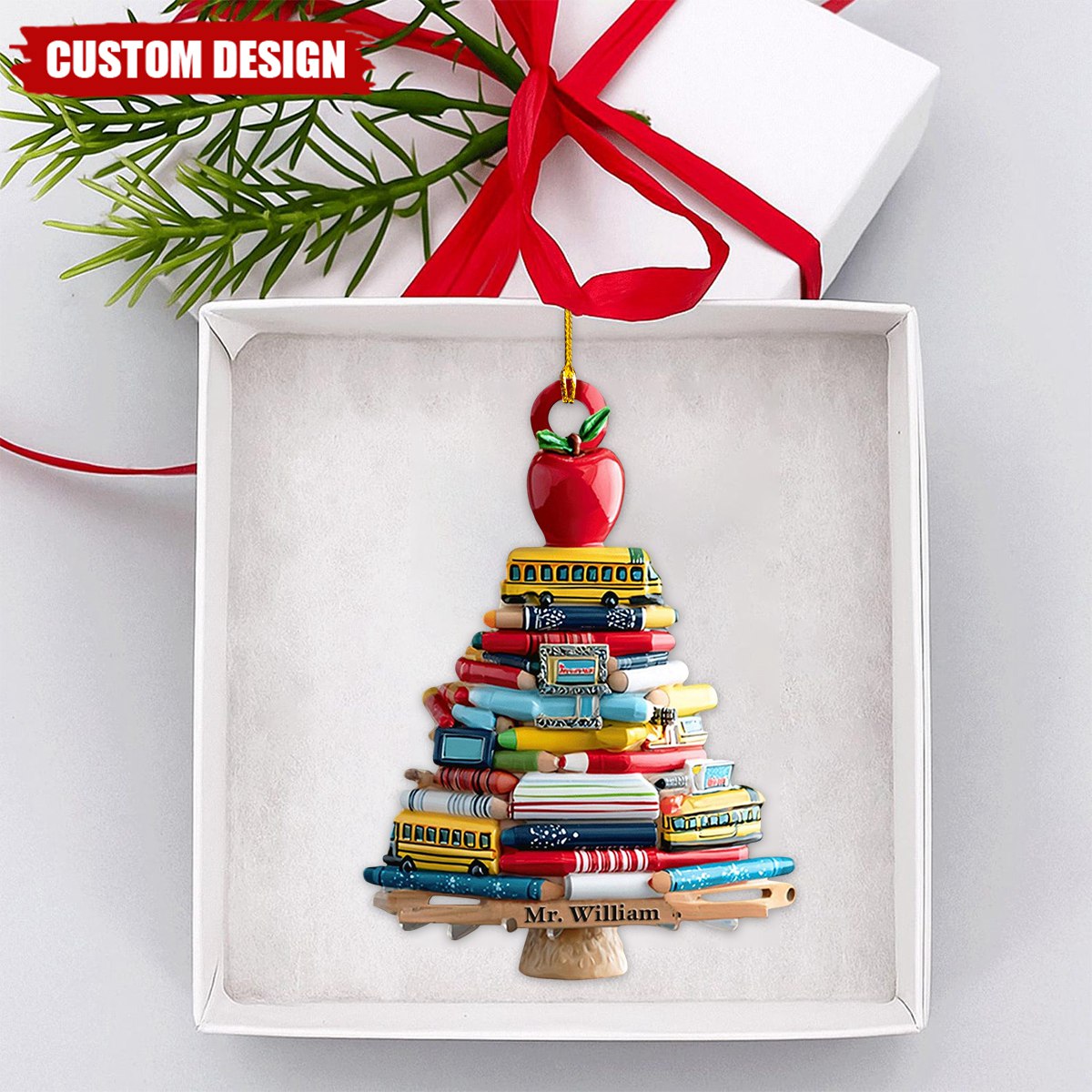 Personalized Teacher Christmas Ornament 2025 – Custom Name Book Tree Holiday Decor Gift for Educators and School Staff,2D Flat Onament