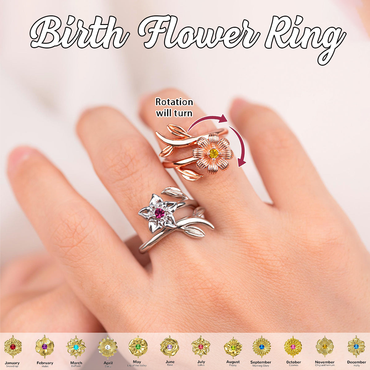 Personalized Birth Flower Fidget Spinner Ring - Mother's Day Gifts