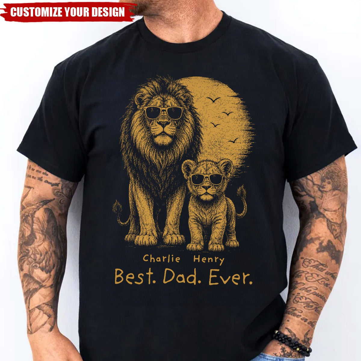 Personalized Lion Dad and Kids Shirt, Retro Vintage "Best Dad Ever" Tee, Cool Protector Dad T-Shirt