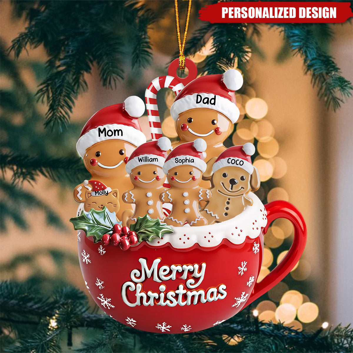 Personalized Gingerbread Family With Pets Acrylic Ornament