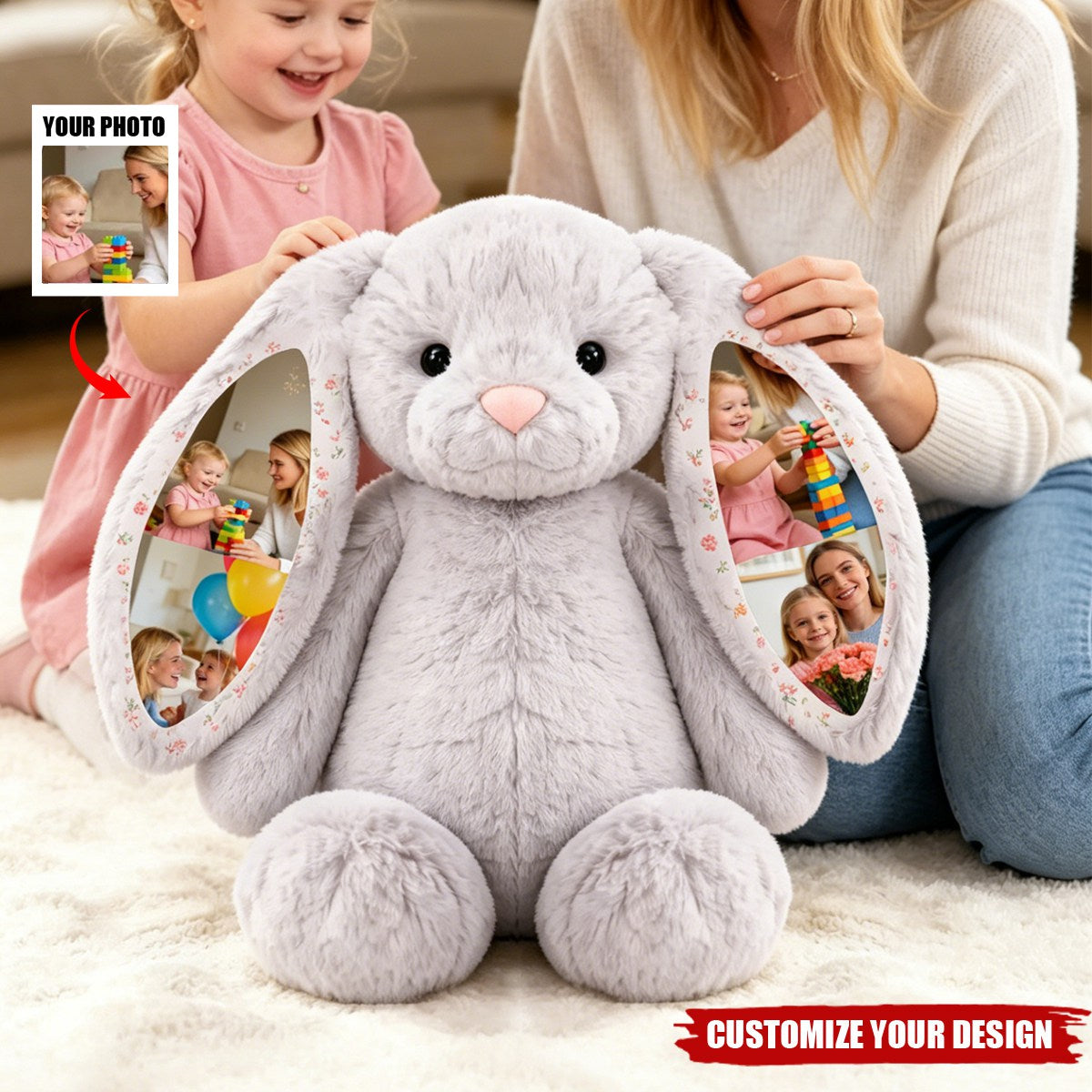 Custom Photo Bunny Plush – Personalized Hidden Ear Picture Bunny Gift for Couples Anniversary Father's Day Gifts