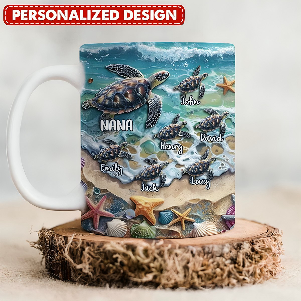 Sea Turtle Grandma Auntie Mom Kids On Beach-Personalized Mug-Gift For Mom And Grandma